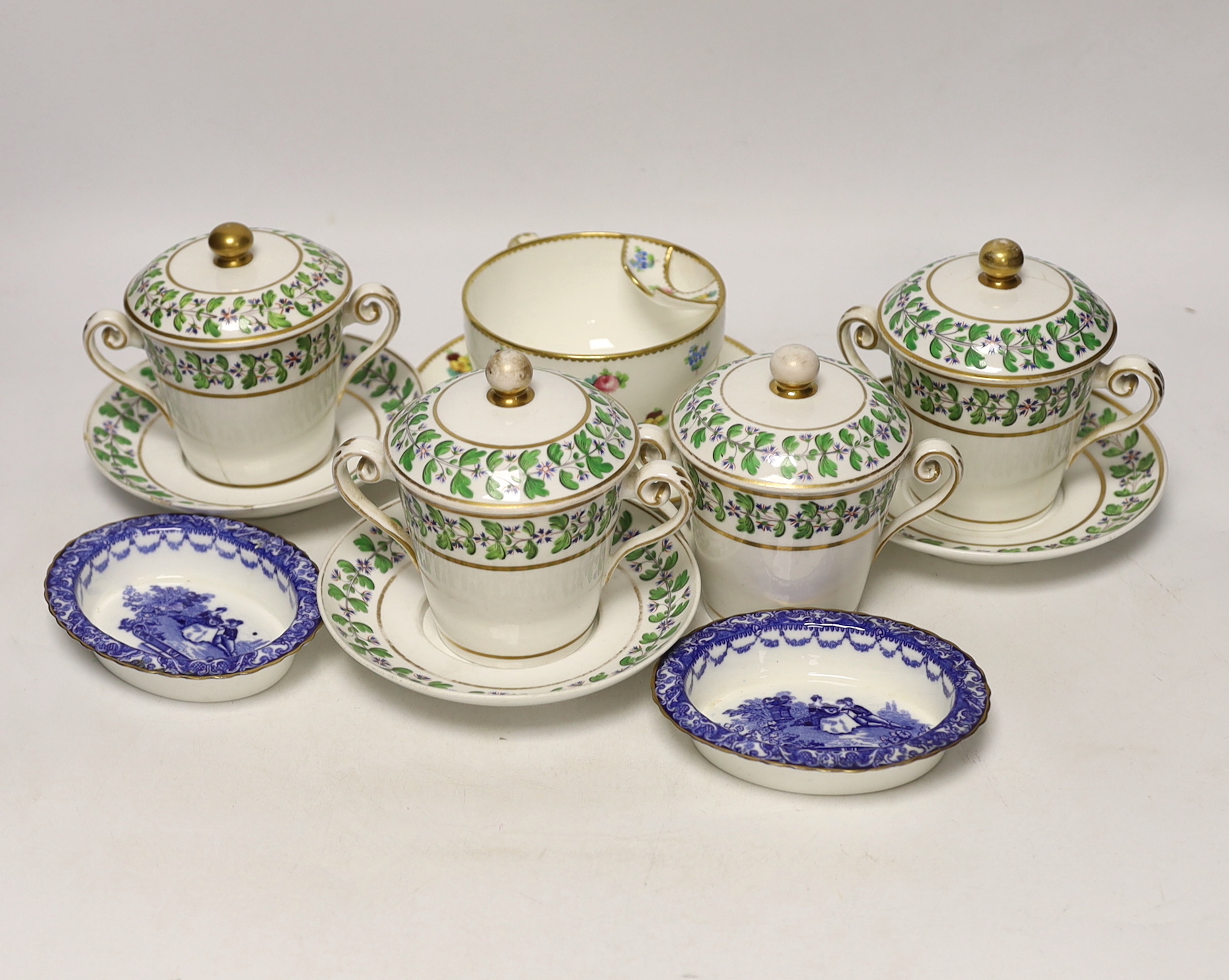A moustache cup and other English tableware including a pair of Royal Doulton blue and white printed dishes